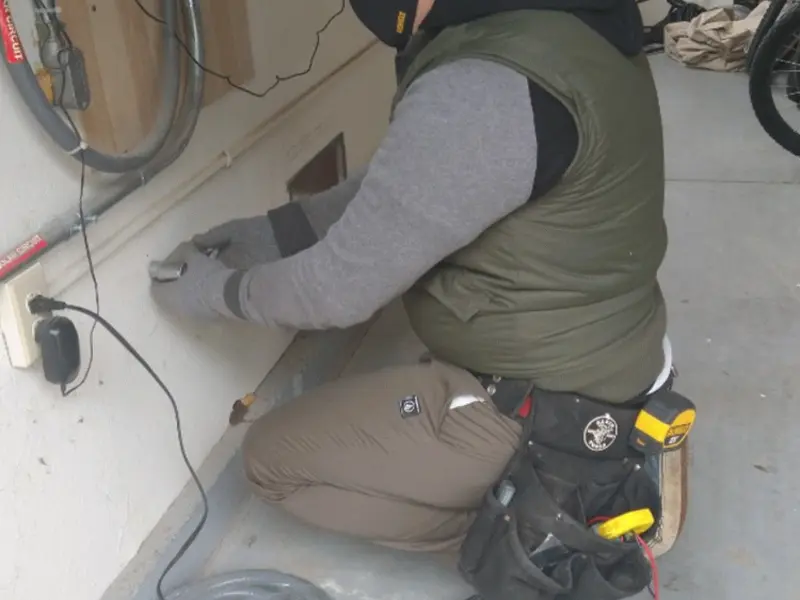 Electrician performing outlet wiring in a Lemoore garage